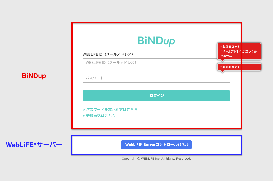コントロールパネルログイン画面の説明｜BiNDupへのログイン導線とWebLiFE*サーバーへのログイン導線の違いをマークアップしている
