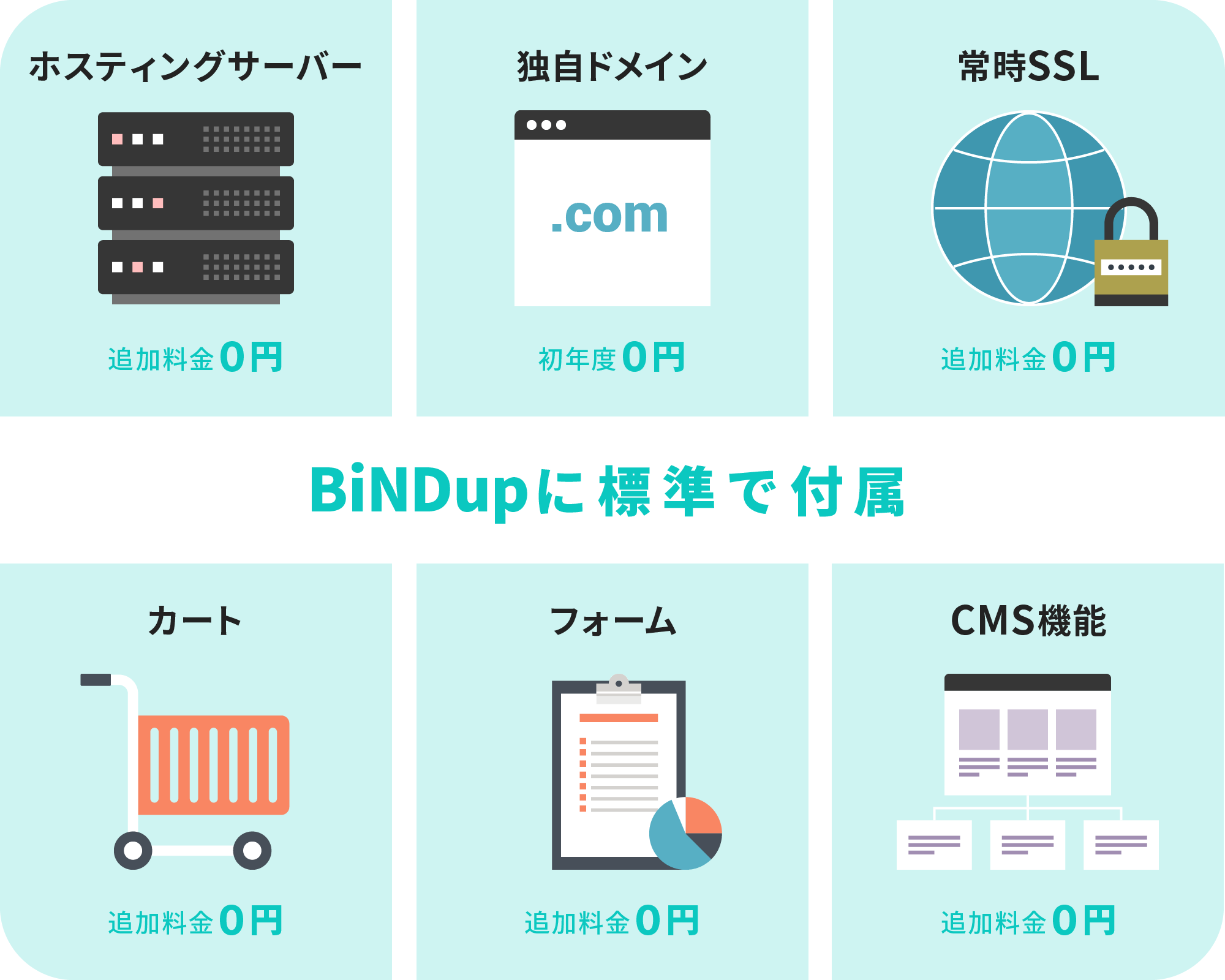 サーバー、独自ドメイン(初年度無料)、常時SSL、カート、フォーム、CMS機能がBiNDupに標準で付属